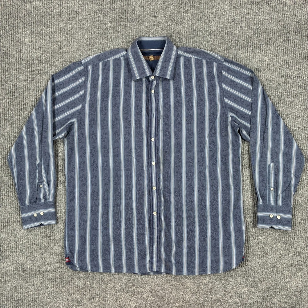 Blue Pronto Uomo 2XL Blue Stripe Floral Button Up Shirt 100% Cotton Long Sleeve